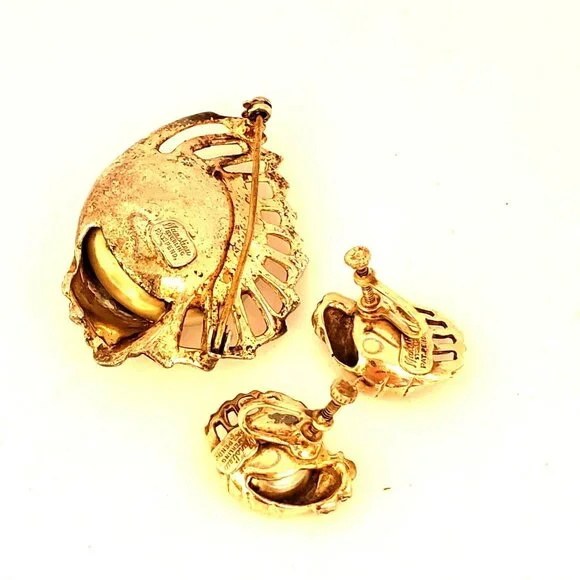 Marslieu Sterling Silver Gold Nautilus Shell Pearl Brooch Earring Set Signed VTG